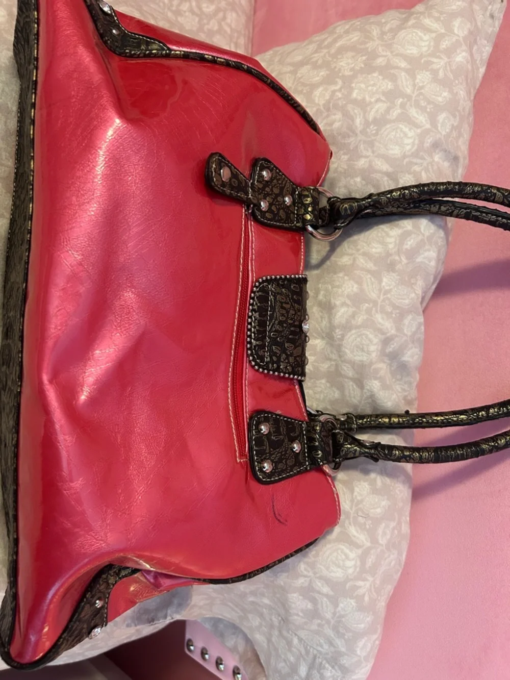 Pink Rhinestone Accent Satchel Handbag - Picture 2 of 7
